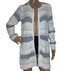 Absolutely Famous White and Gray Striped Open-Front Sweater Cardigan NWT small